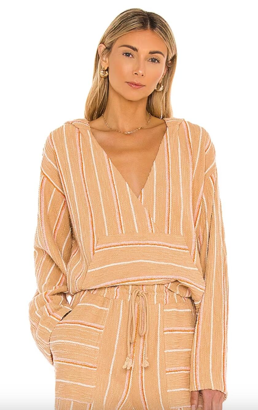 L Space Beige M Wrap Top Cotton Paradise Sunrise Striped Hooded Pullover NEW
